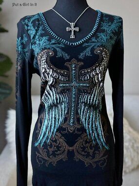Vocal Apparel Women's Crystal Black Cross Angel Wings Whipstitch Shirt S M L XL